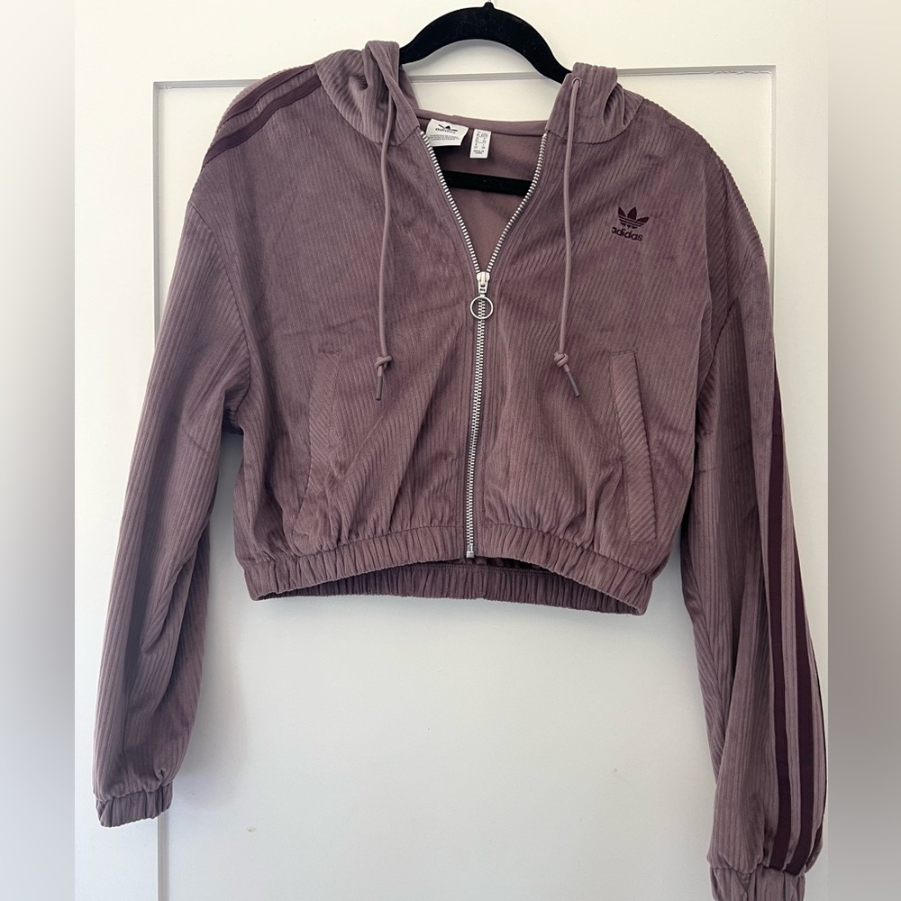 Adidas purple corduroy zip cropped jacket!